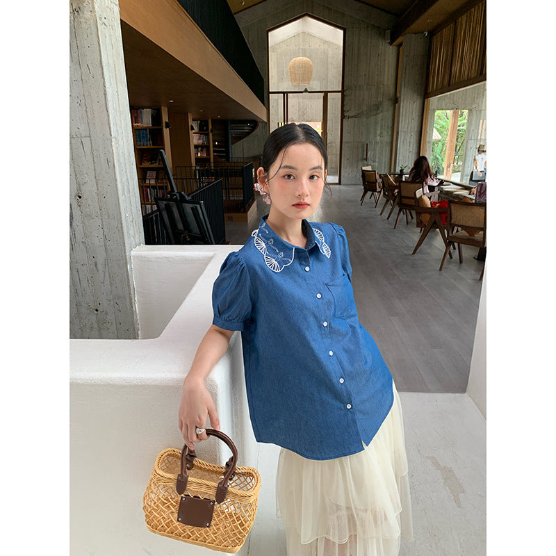 Lace Doll Collar Denim Shirt