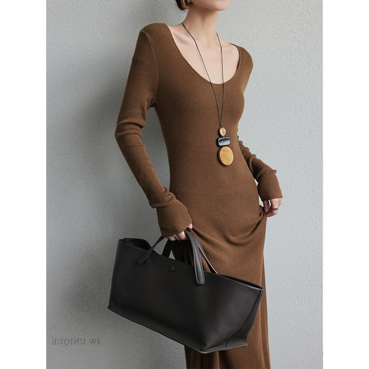 V-Neck Long Sleeve Dress Women High Waist A-Line Knit Midi