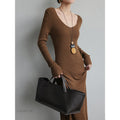V-Neck Long Sleeve Dress Women High Waist A-Line Knit Midi