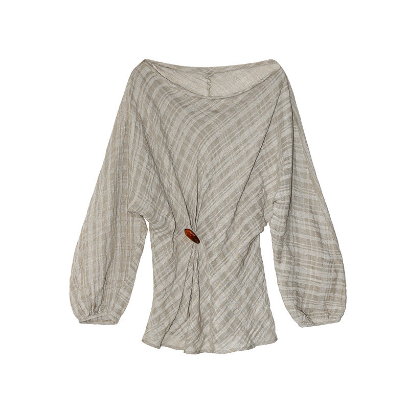 Early spring Korean retro pleated texture Tencel hemp slanted shoulder shirt