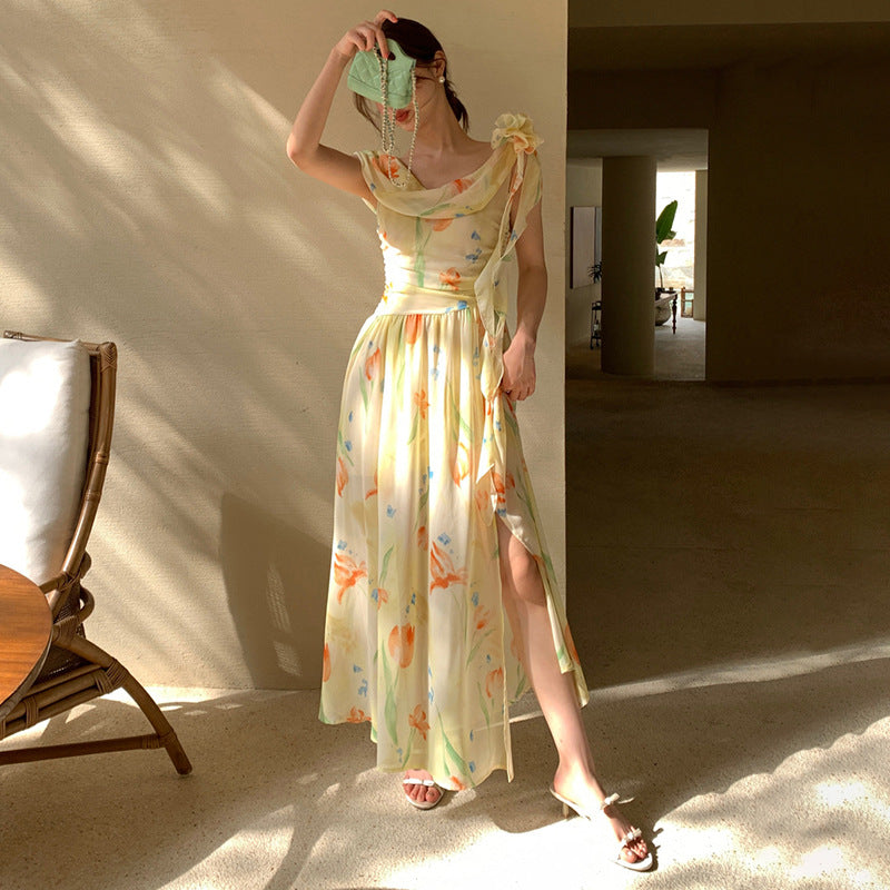 Pastoral pure desire temperament waist floral dress