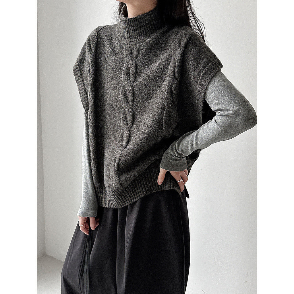 Korean retro twisted semi-turtleneck knitted vest women's 2026 spring stacked design vest