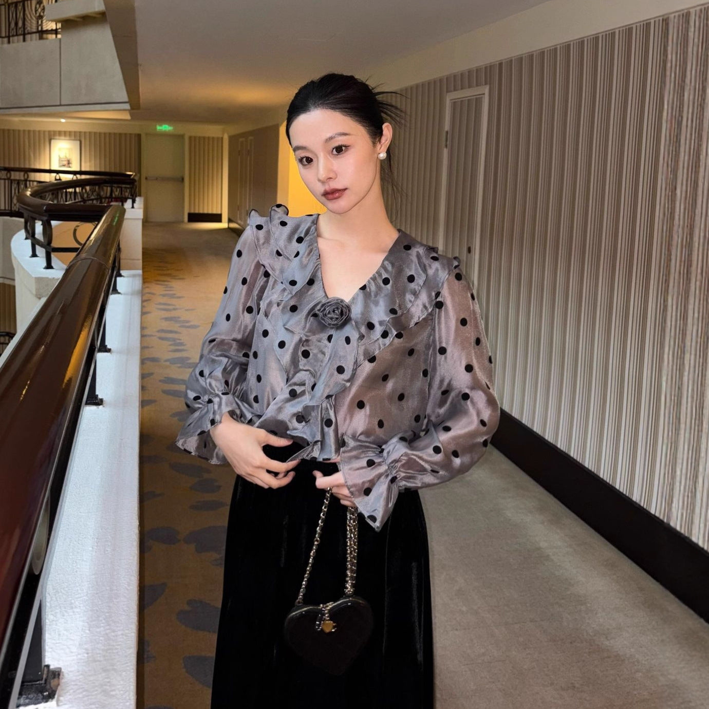 Winter French Retro Ruffle Edge Long Sleeve Sweet Polka Dot Chiffon Shirt