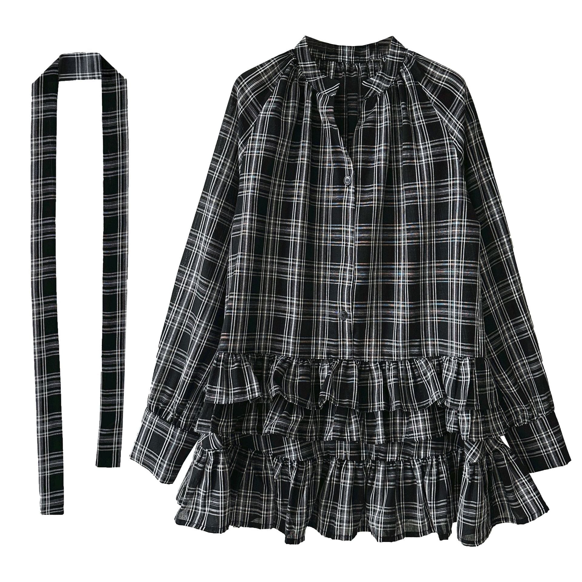 Korean plaid ruffle V-neck lace-up shirt for women's 26 spring niche design stacked dress