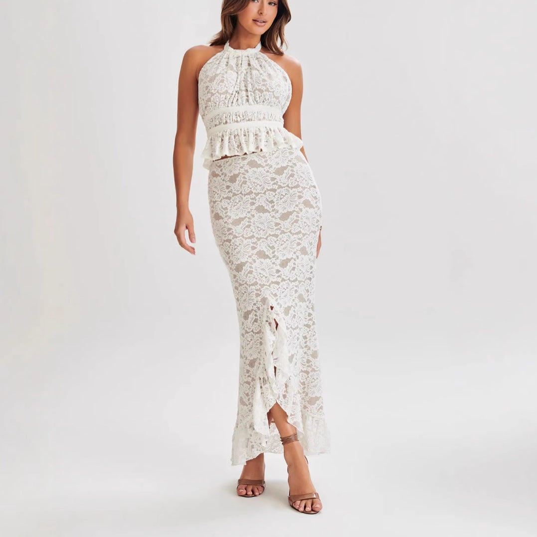 Women's new fashionable sexy Spice Girl lace neck top skirt suit women