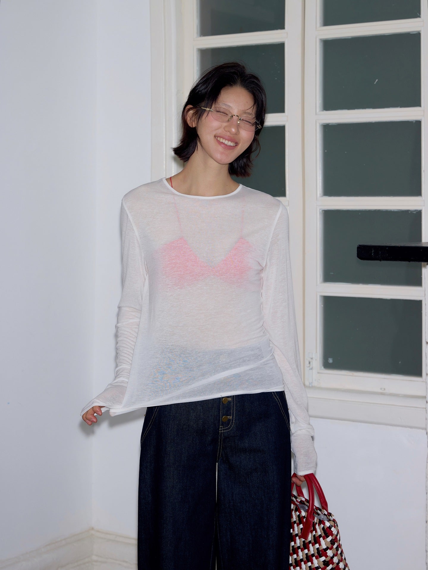 Tencel linen Korean Spice Girl perspective machine bottoming shirt long-sleeved T-shirt