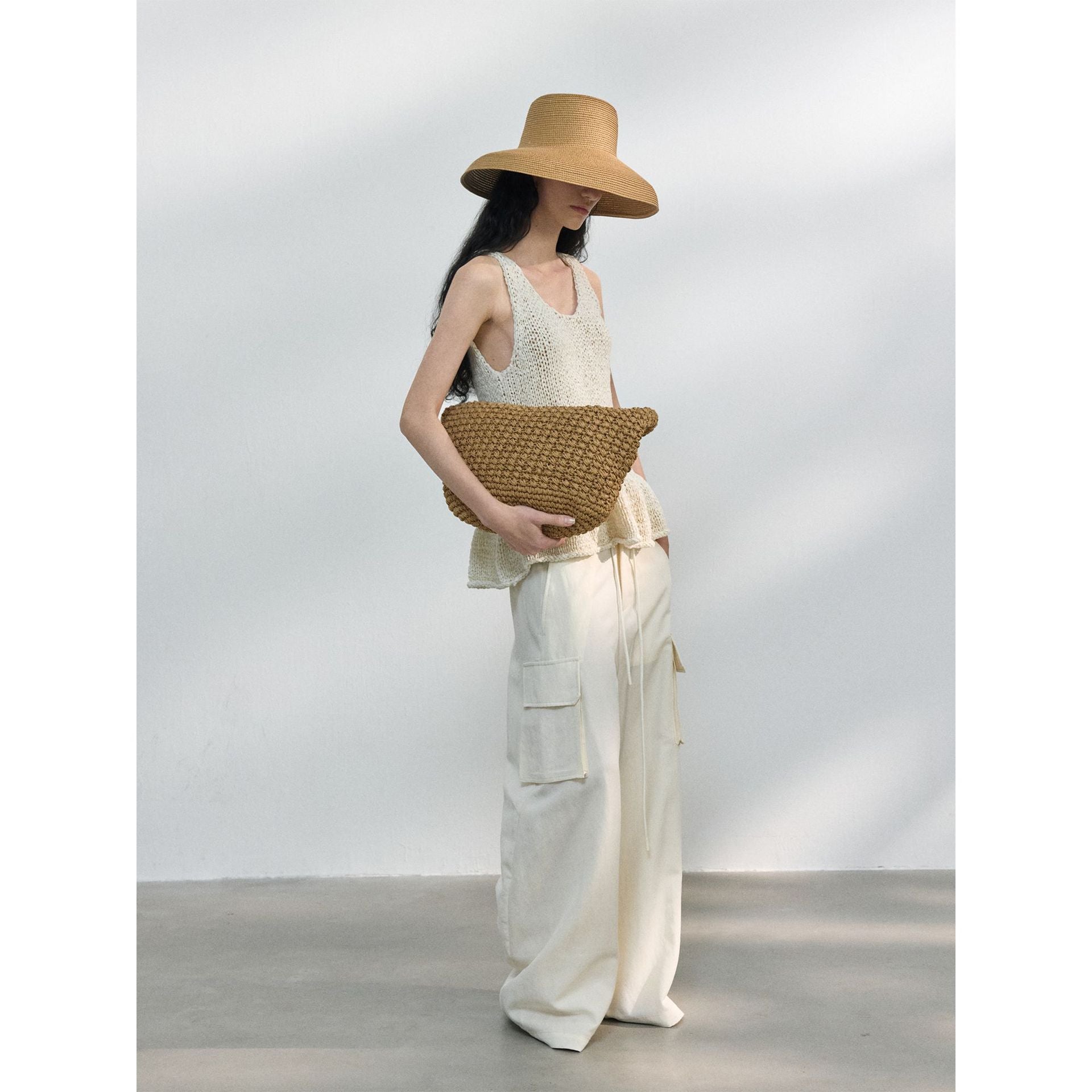 Spring nylon cotton lotus leaf edge narrow U neck texture sling vest