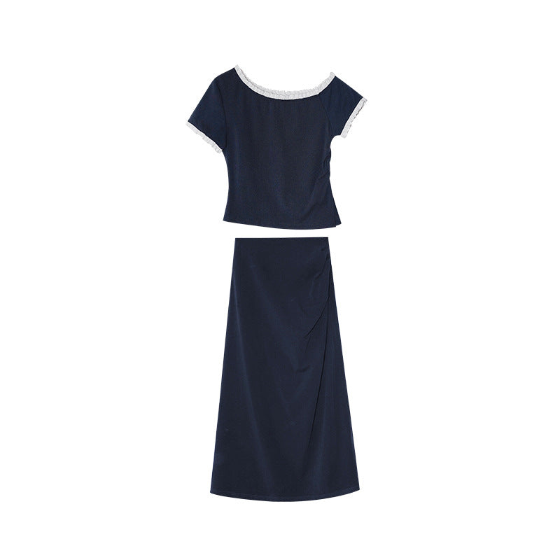 Pleated Skirt Slash Shoulder T-Shirt Two-piece Set