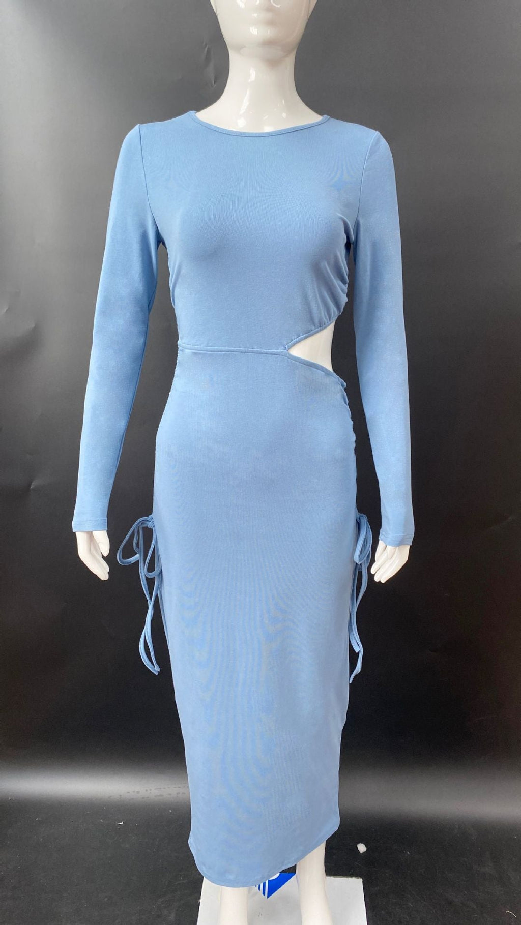 Crew neck long sleeve hip skirt hollow sexy waist pleated design dress style