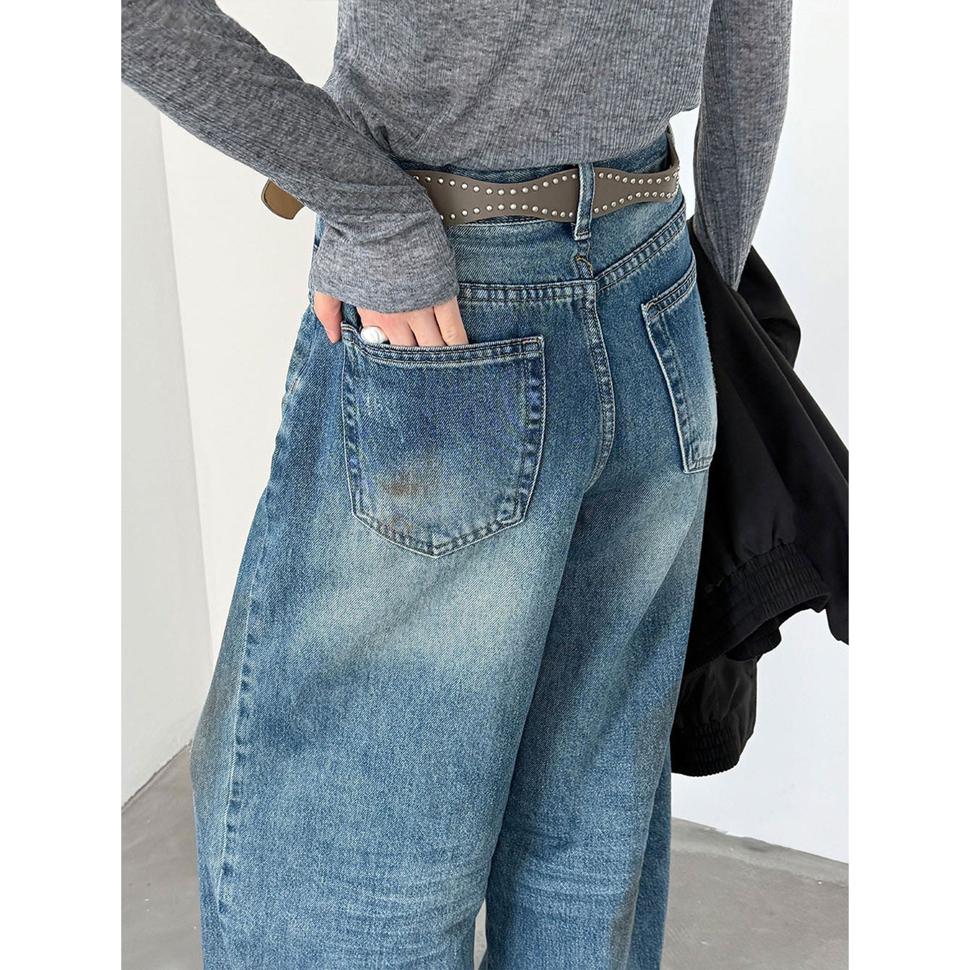 American retro wide-leg washed old jeans with rivet belt