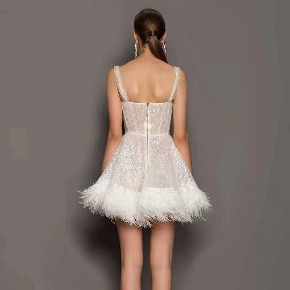 Autumn style dress party imitation feather chest wrap suspender skirt