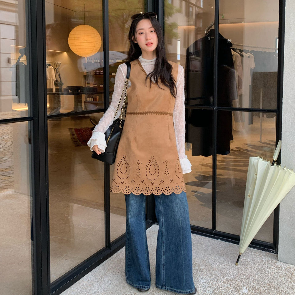 Hollow suede waist v-neck vest dress