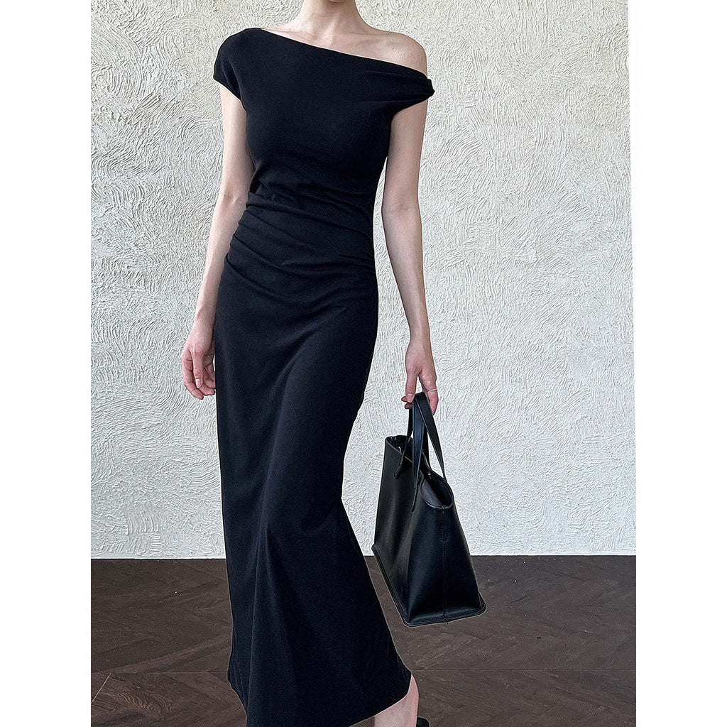 French slanted shoulder irregular waist dress summer off-the-shoulder temperament thin dress
