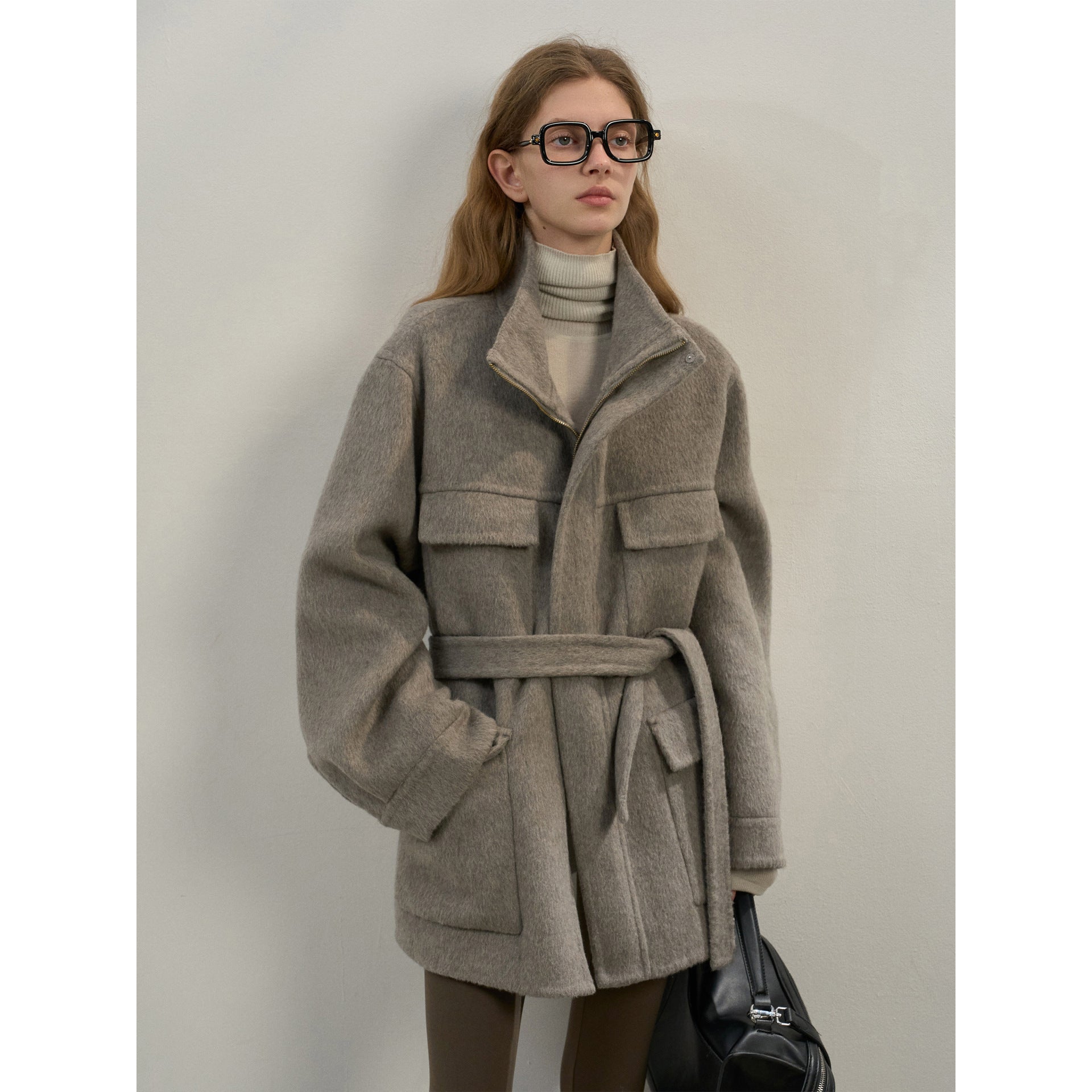 New design full wool double patch bag adjustable belt woolen jacket