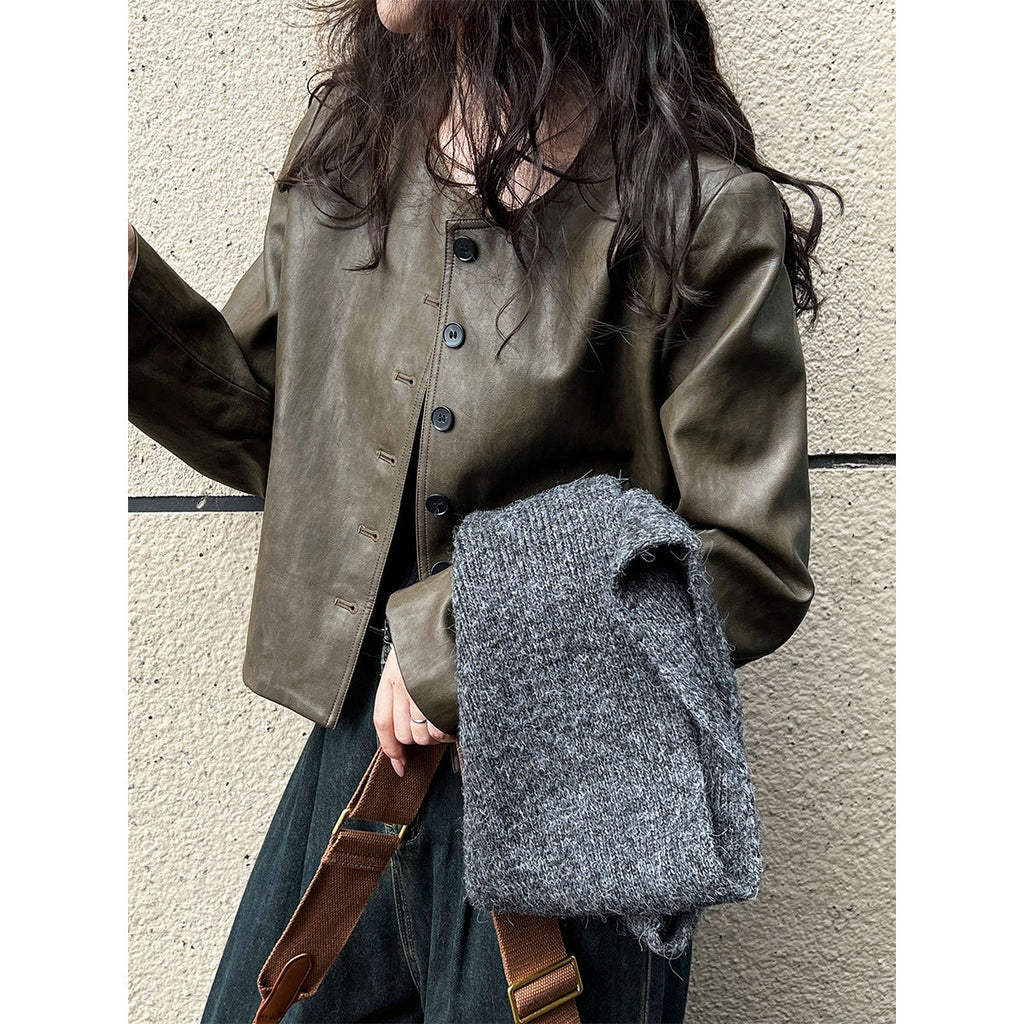 Autumn retro old Hong Kong style round neck PU leather jacket women's coffee green single-breasted jacket top