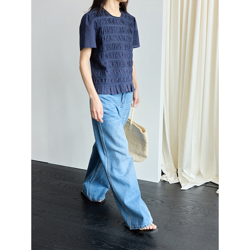 Heavy industry lace splicing round neck meat-covering and thin shirt summer short sleeves