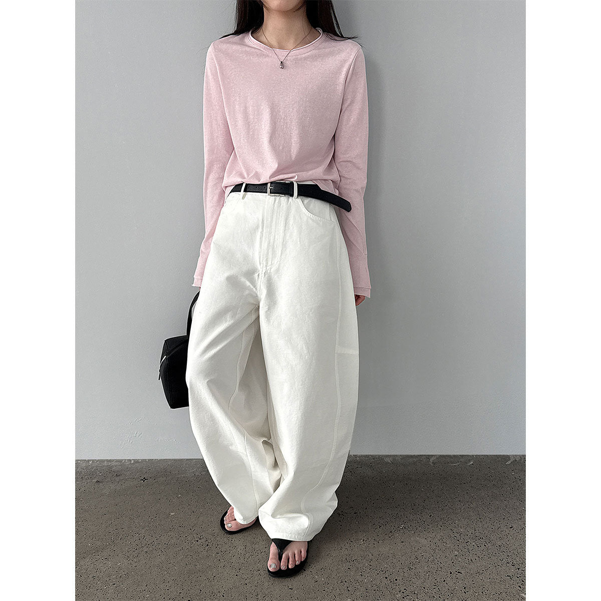 Simple and versatile front shoulder double-layer crimped crew neck T-shirt