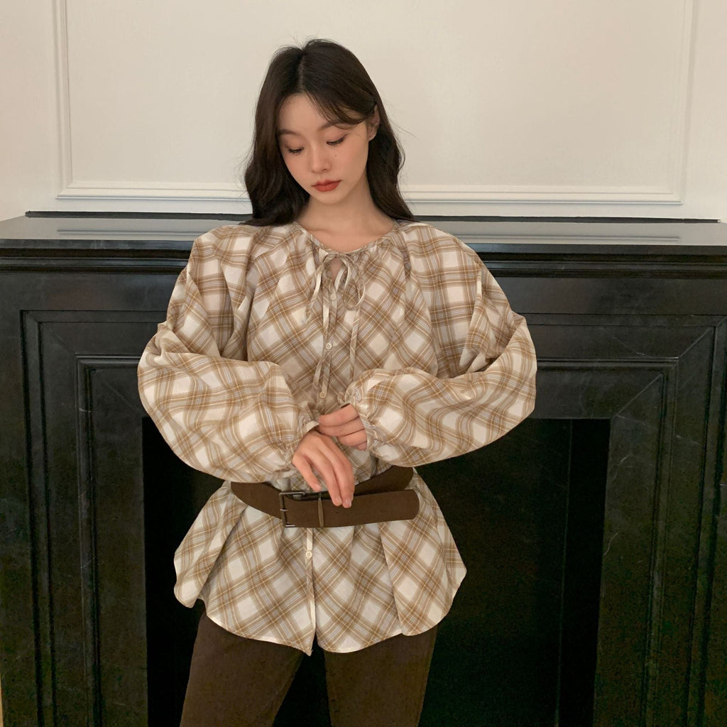 Loose Lace-Up Crew Neck Single-Breasted Long-Sleeve Checked Shirt