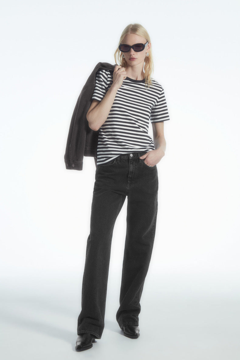 Striped Black and White Crew Neck Short Sleeve T-Shirt