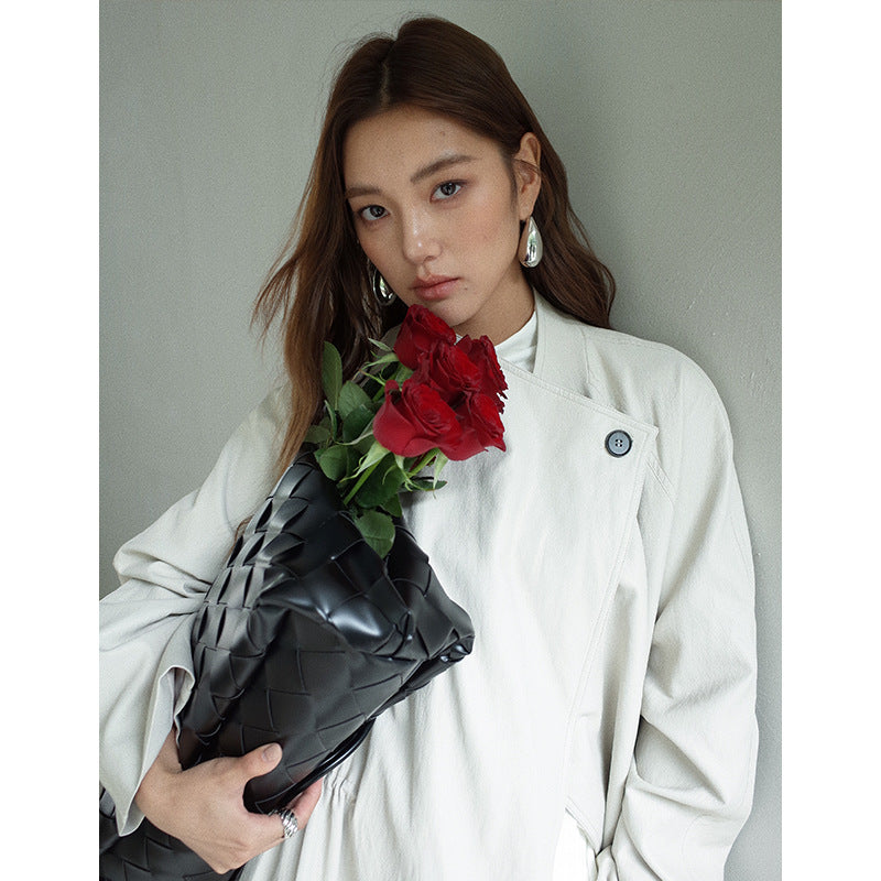 Spring lazy style black stand-up collar long leather trench coat high sense