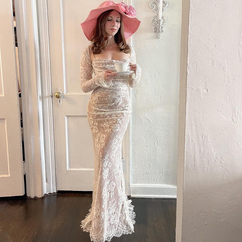 High-end light luxury evening dress suspender long-sleeved lace dress
