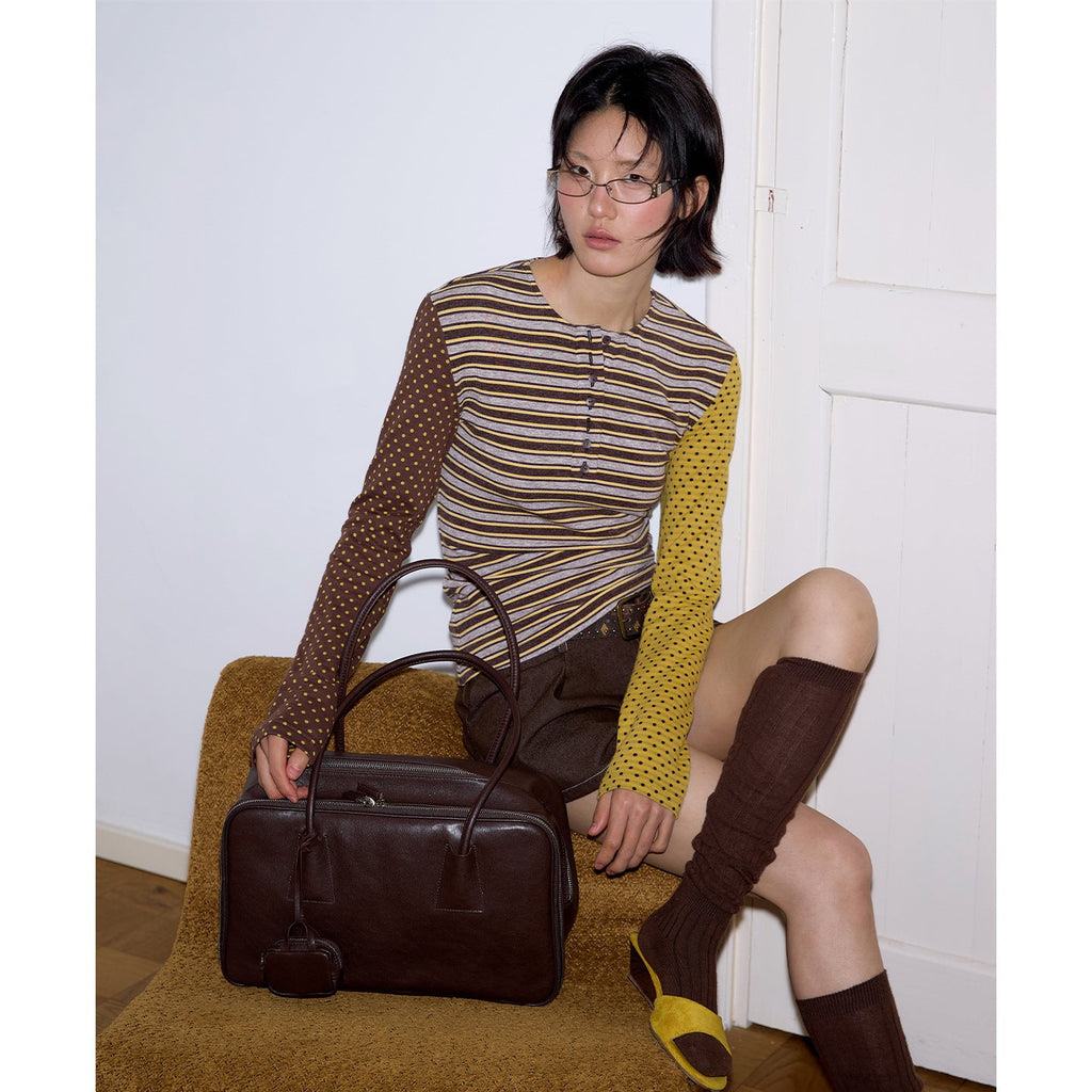 Striped contrasting polka dot long-sleeved knitted T-shirt niche commuter long-sleeved top