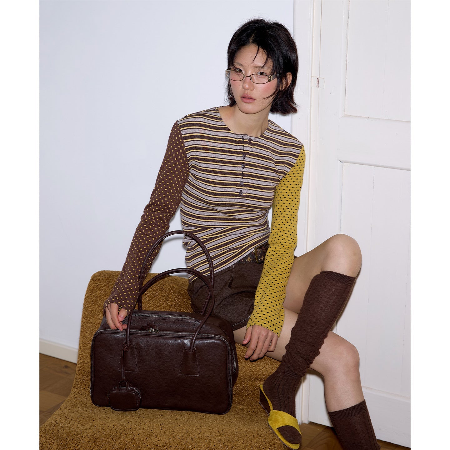 Striped contrasting polka dot long-sleeved knitted T-shirt niche commuter long-sleeved top