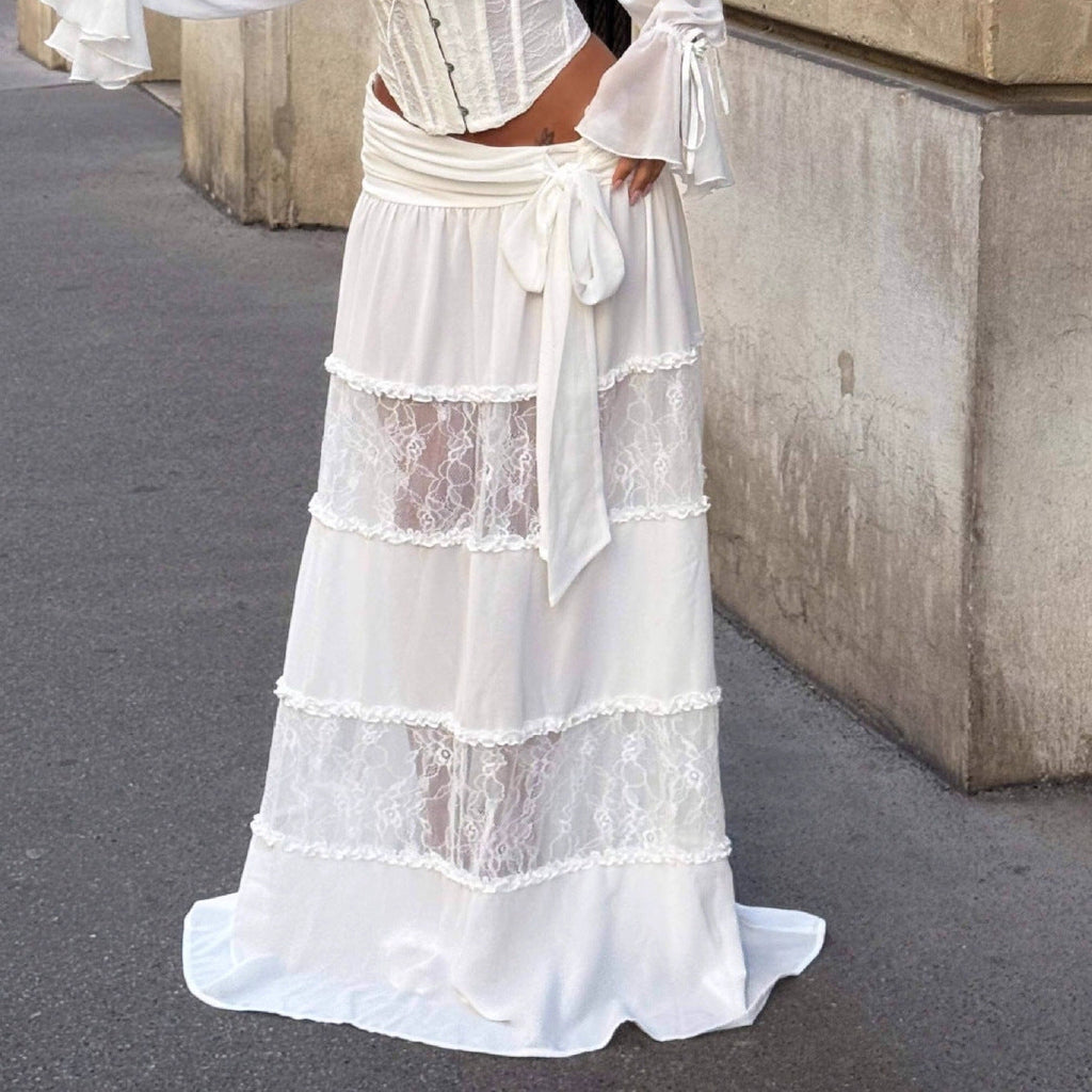 New white lace skirt women's high waist and thin mopping gauze splicing cake dress