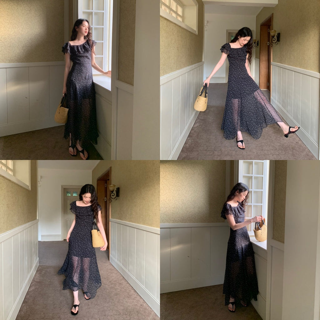 Summer French chiffon temperament polka dot long dress ruffle edge slanted shoulder dress