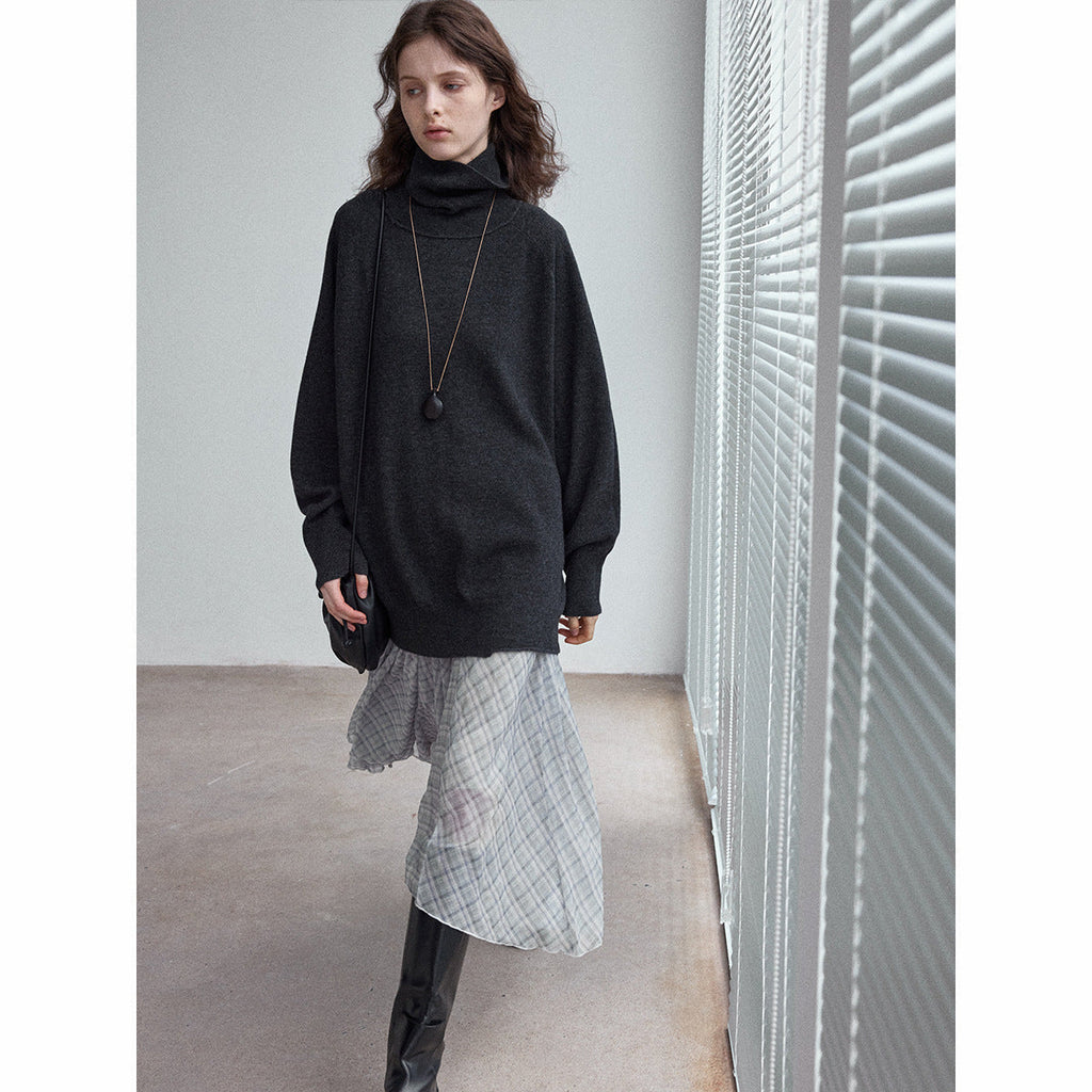 Autumn versatile commute drape skin-friendly contrasting color plaid asymmetrical diagonal swing skirt