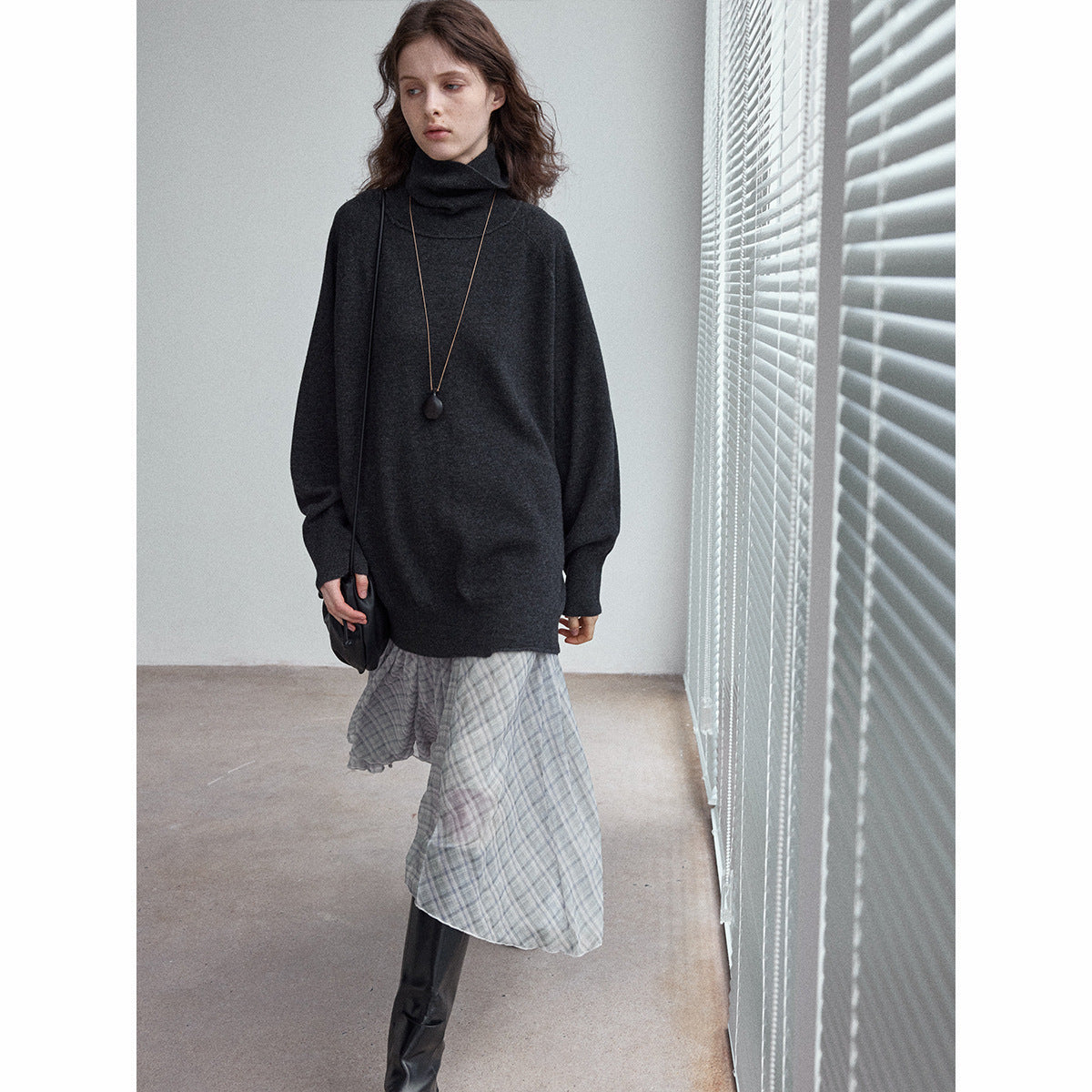 Autumn versatile commute drape skin-friendly contrasting color plaid asymmetrical diagonal swing skirt