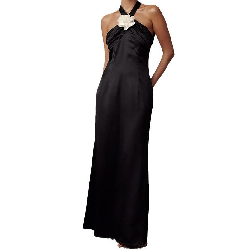 Halter Sexy Flower Satin Ice Silk Long Dress Neck Dress Elegant Sleeveless