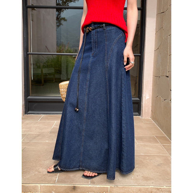 Retro denim skirt a-character spring with waist rope design sense thin big swing dress