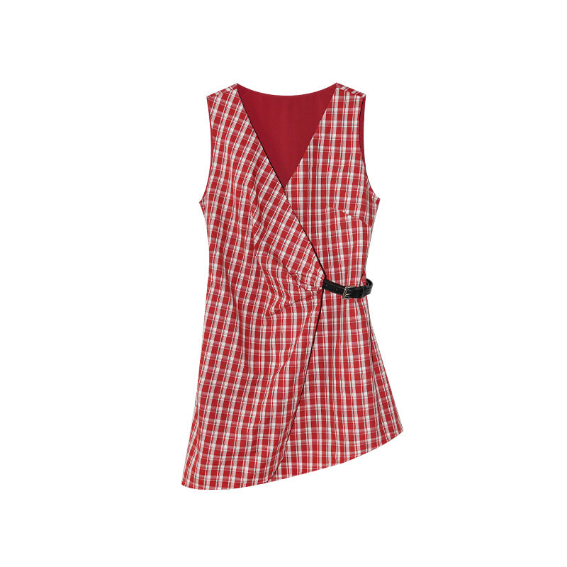 Waist buckle medium and long two wear sleeveless plaid dress