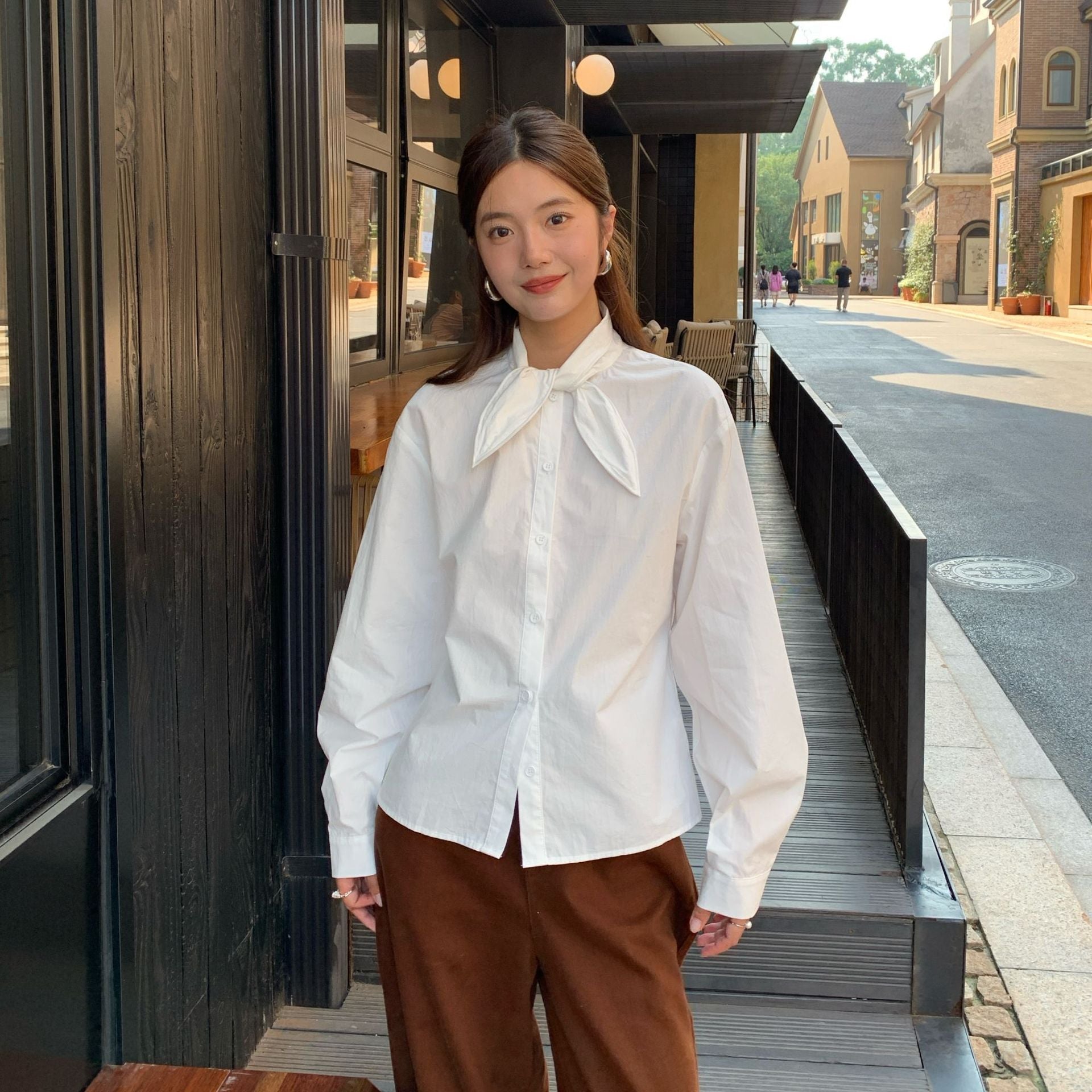 Sweet girl age-reducing rabbit ear lapel long-sleeved cotton shirt