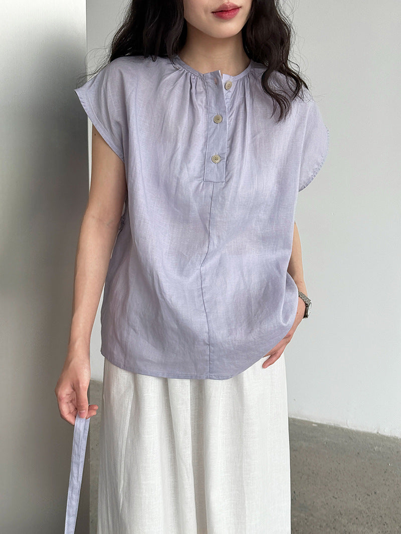 Tencel linen crew neck waist shirt women's summer new sleeveless vest upper belt short-sleeved shirt