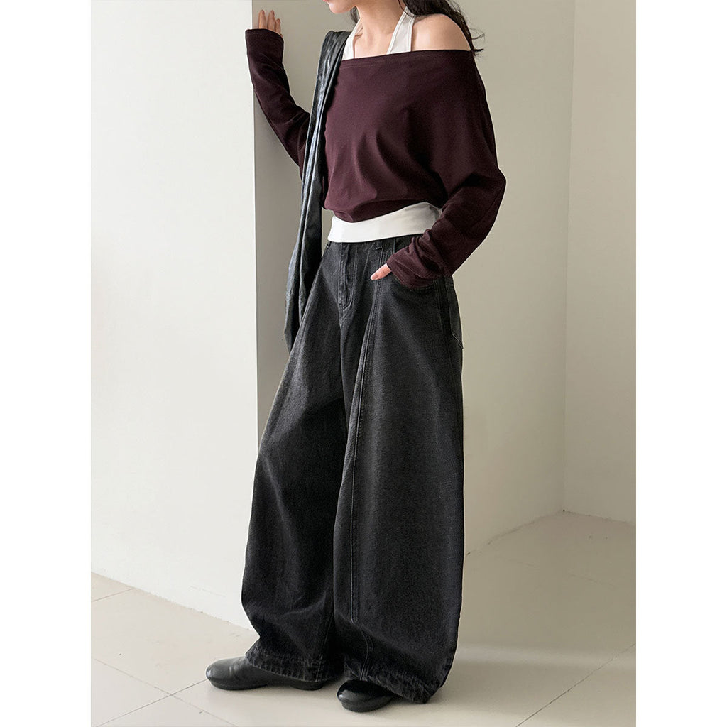 Korean style patchwork mock two-piece halter neck long sleeve t-shirt - women's autumn new design, elegant off-shoulder top