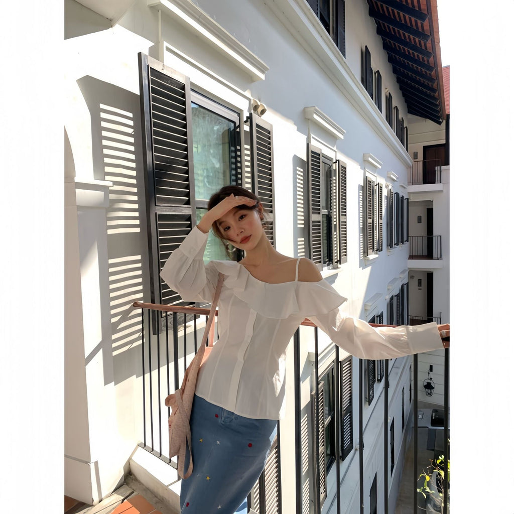 Temperament ruffle edge long-sleeved off-shoulder shirt