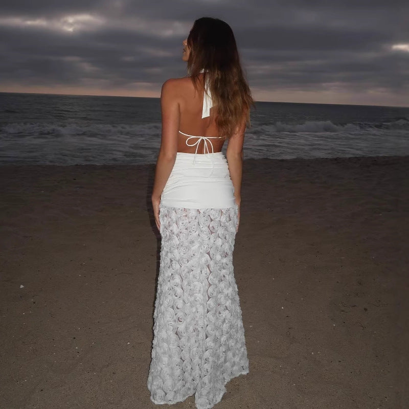 Fashion hottie sexy long dress three-dimensional flower backless pleated dress