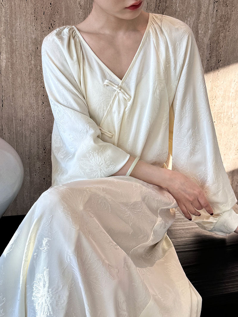 Button national style new Chinese dress medium and long knee lazy improved cheongsam jacquard skirt
