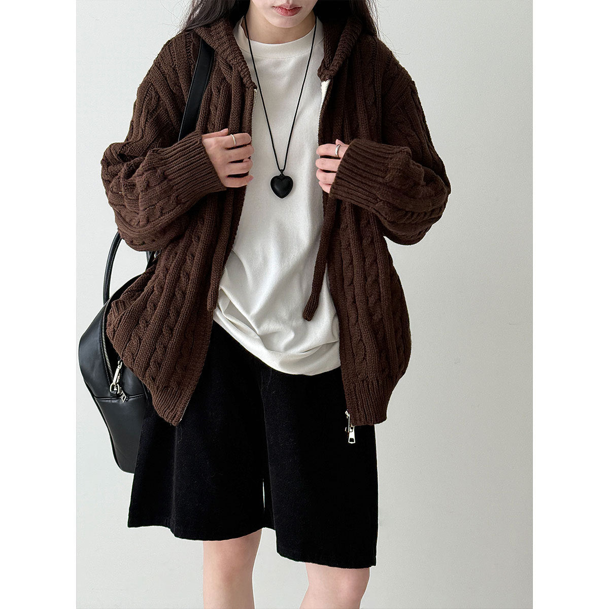 American retro cable knit hooded double zipper sweater cardigan for women - thick chunky knit fall/winter outerwear