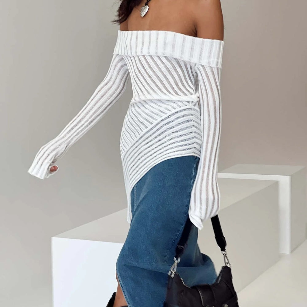 Off-Shoulder Knitted Sweater Women Long Sleeve Slim Fit French Style Top