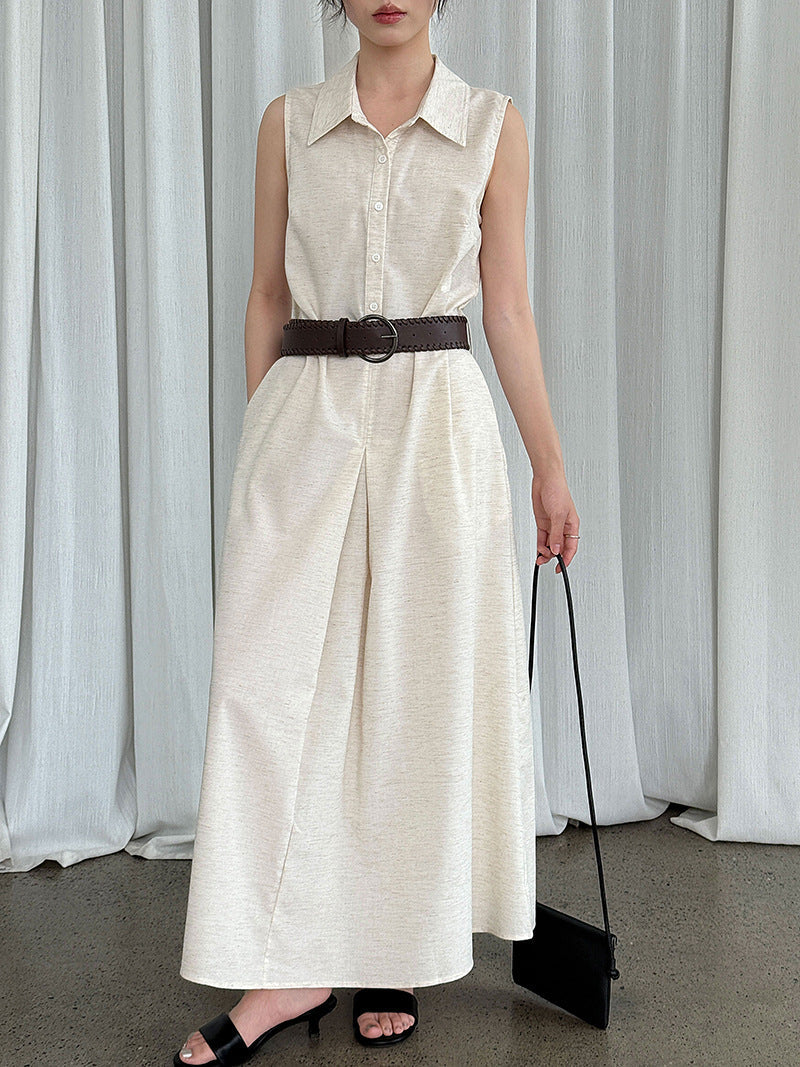 French temperament cotton and linen tooling shirt skirt with belt summer new waist sleeveless dress