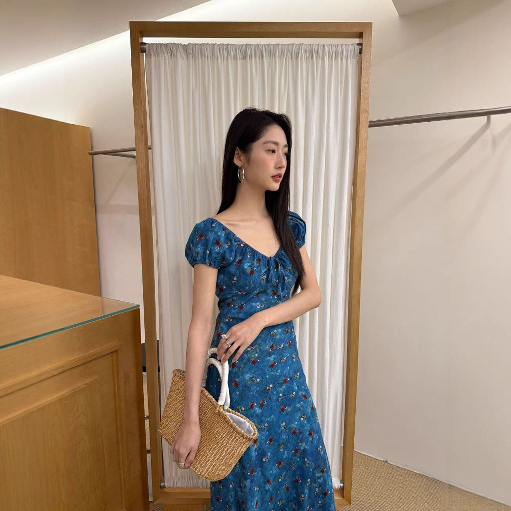 Retro coffee break beautiful slim temperament floral dress