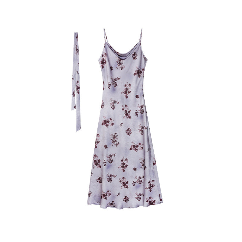 Slimming satin print slip dress