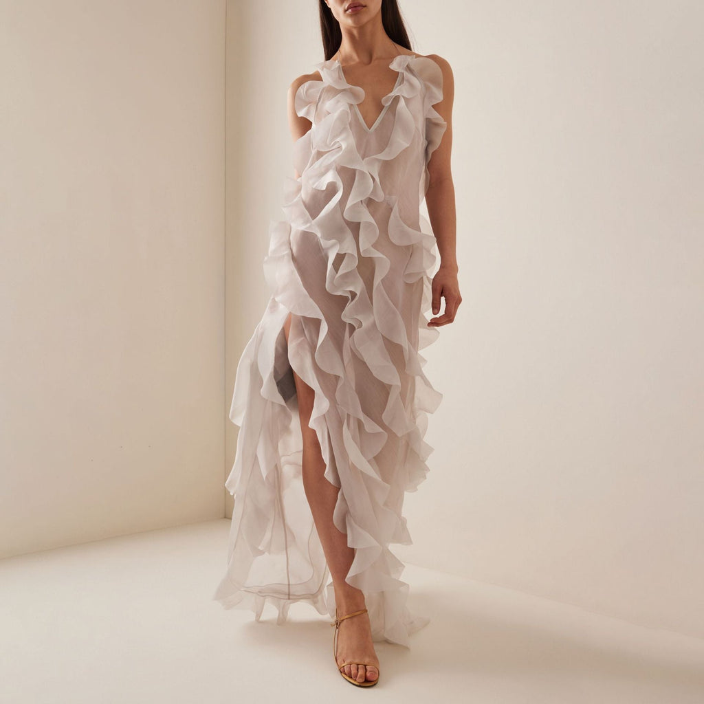 Dress sexy deep V through meat suspender dress, high split ruffle edge cake dress