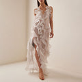 Dress sexy deep V through meat suspender dress, high split ruffle edge cake dress