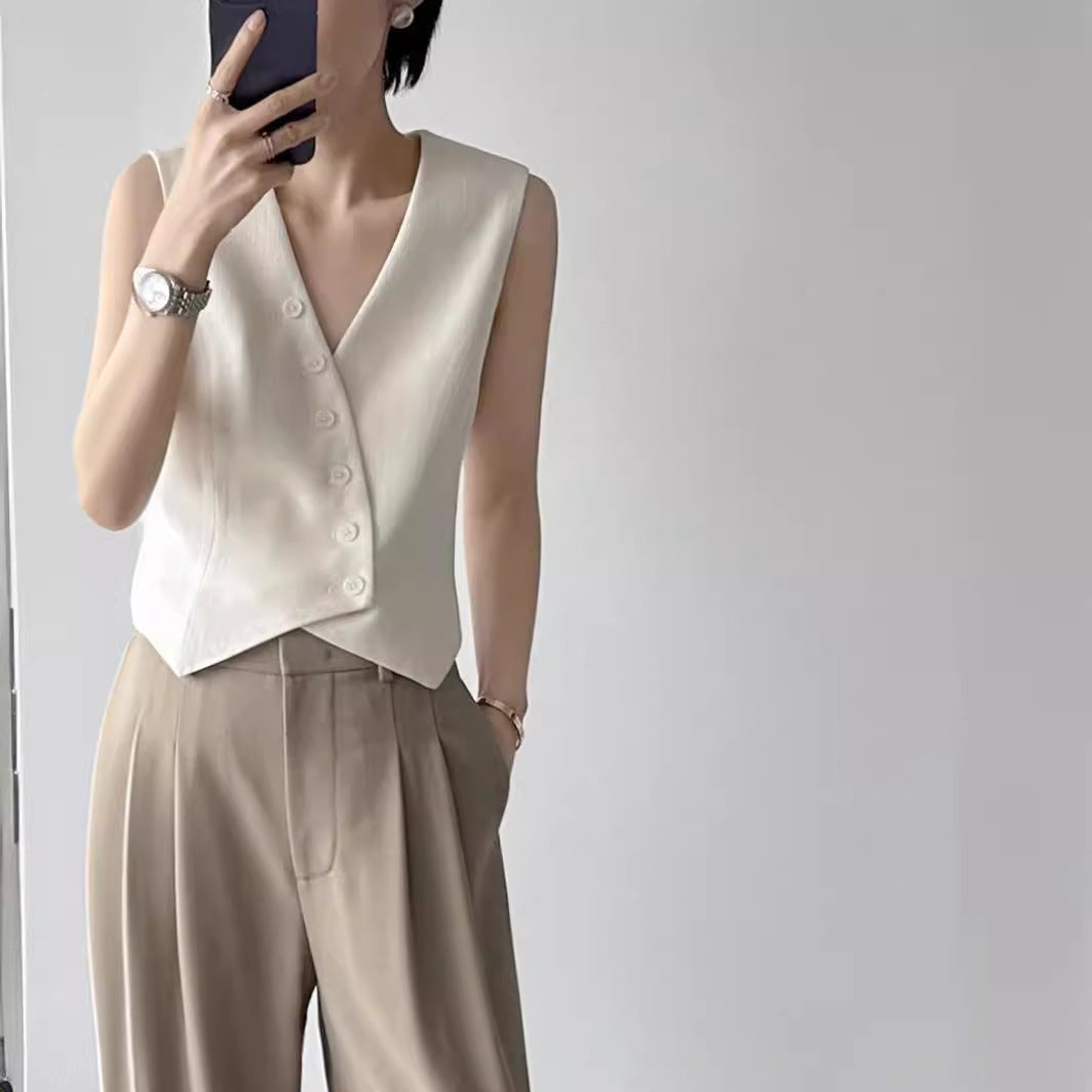 Spring and summer French retro fashionable versatile texture v-neck sleeveless old money style suit vest short top