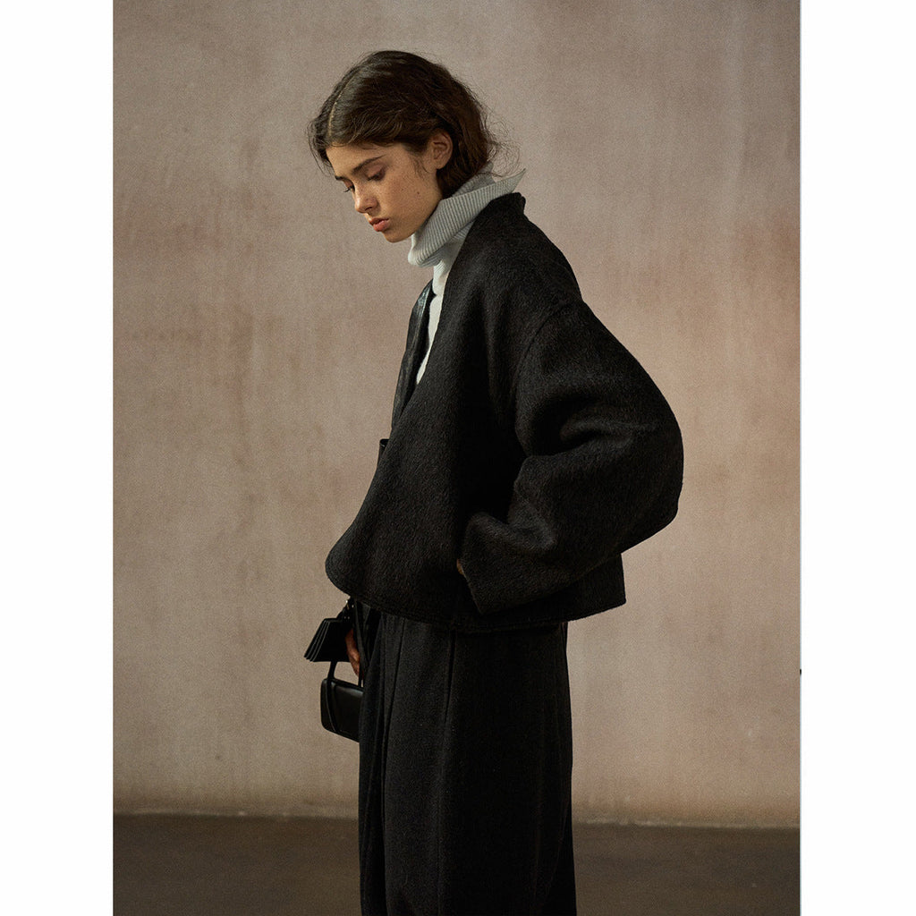 Natural warm wool simple commuter versatile cocoon-shaped truncated pocket double-sided jacket