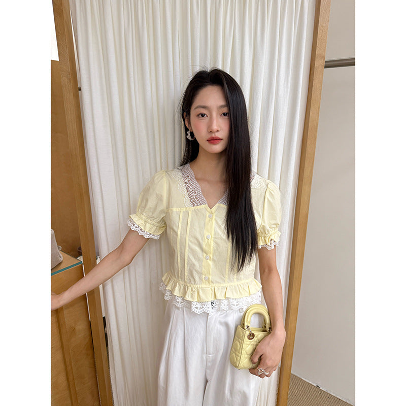 French Lace Trim V-Neck Puff Sleeve Cotton Shirt